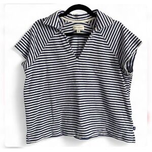 Free Assembly Womens Terry Cloth Polo Shirt Navy White Striped V-Neck Top Large
